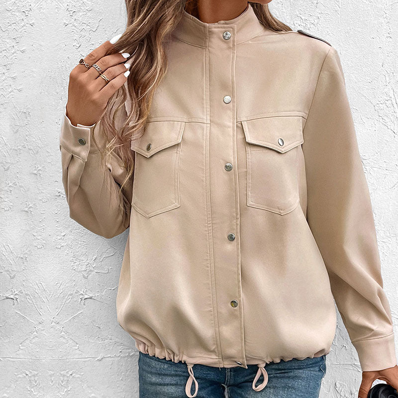 Damen leichte Overshirtjacke mit dekorativen Druckknöpfen und Brusttaschen Drune
