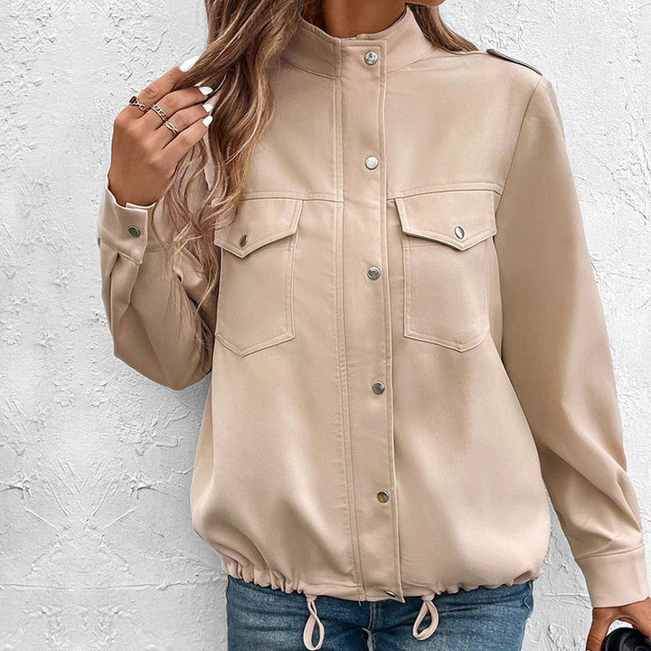 Damen leichte Overshirtjacke mit dekorativen Druckknöpfen und Brusttaschen Drune