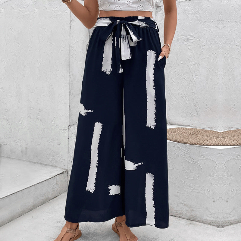 Damen Weite Palazzo-Hose mit modischem Bindegürtel und grafischem Muster Drune