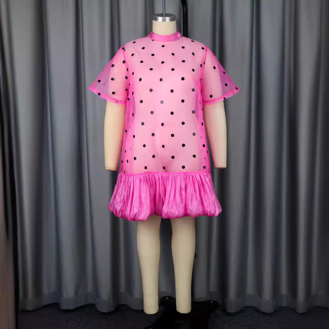 Damen durchsichtiger Polka-Dot Mini-Kleid mit Rüschensaum Drune
