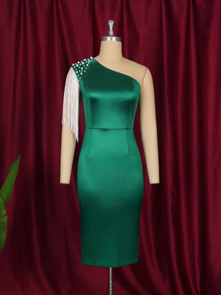 Damen Elegantes asymmetrisches Cocktailkleid mit Perlen- und Fransen-Details Drune