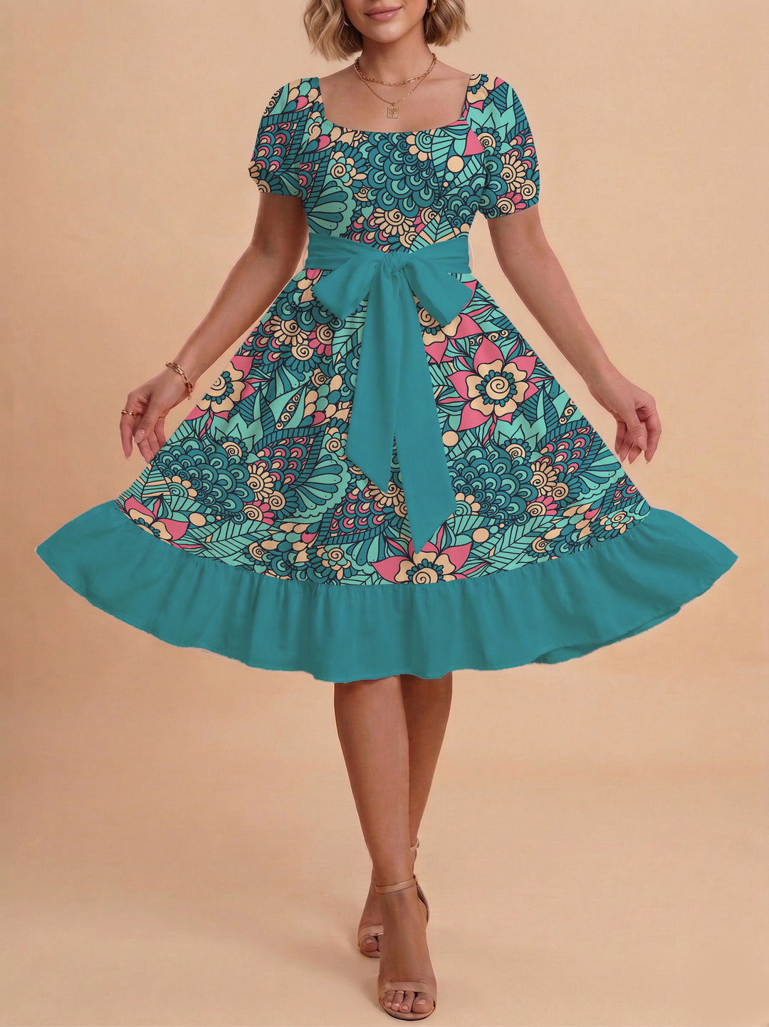 Damen modernes Blumenkleid mit elegantem Taillengürtel und asymmetrischem Saum Drune
