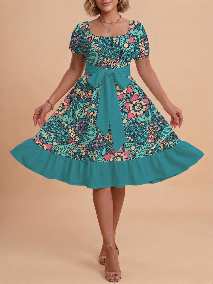 Damen modernes Blumenkleid mit elegantem Taillengürtel und asymmetrischem Saum Drune