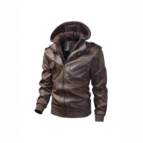 Herren Kunstlederjacke mit abnehmbarer Kapuze und Multifunktions-Taschen Drune