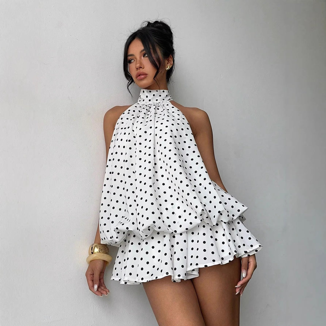 Damen modisches Polka-Dots Set mit hohem Kragen und voluminösen Ärmeln Drune