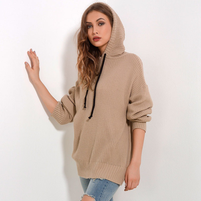 Damen Oversized Strickpullover mit Kapuze Drune