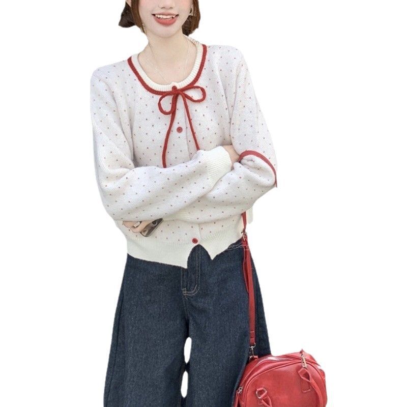 Damen Strickjacke mit Punkten und Schleife Drune