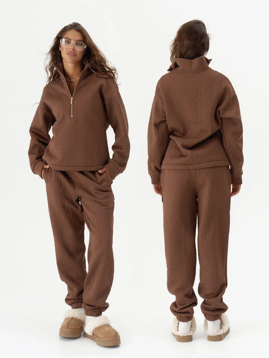 Damen kuscheliger Fleece-Loungewear-Set mit Reißverschluss und Rippstruktur Drune