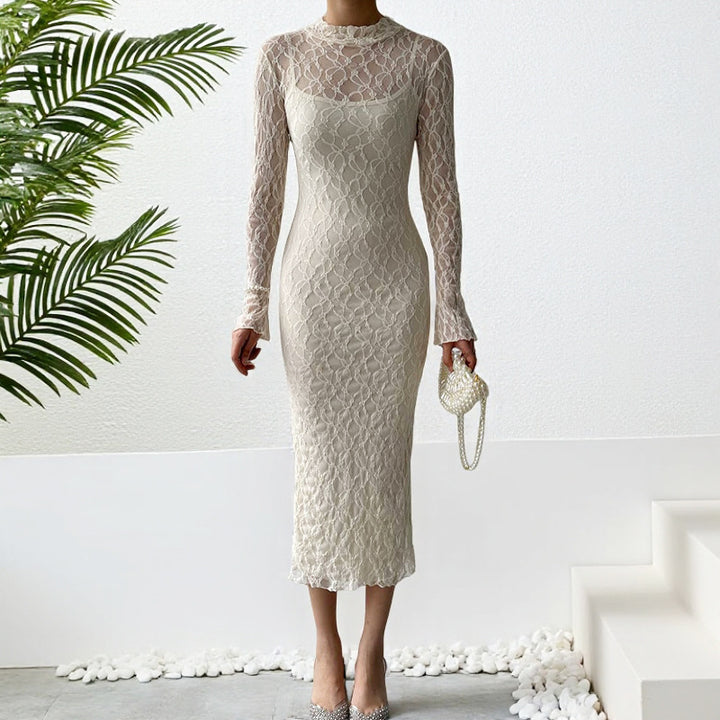 Damen Maxikleid aus transparenter Spitze mit eleganten Rüschendetails Drune