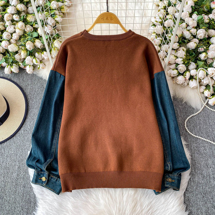 Damen Eleganter Pullover mit Schmetterlingsmotiv und Denim-Ärmeln Drune