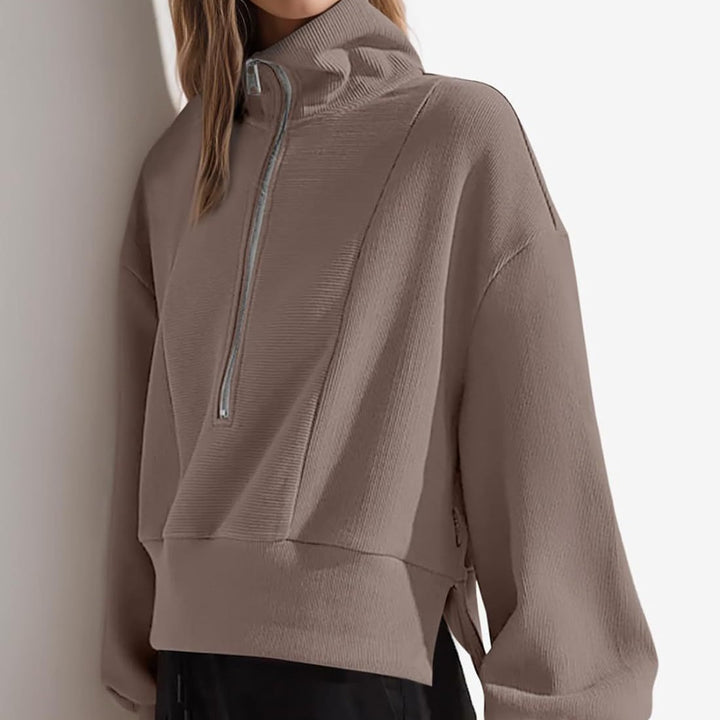 Damen sportlicher Zip-Pullover mit hohem Kragen Drune
