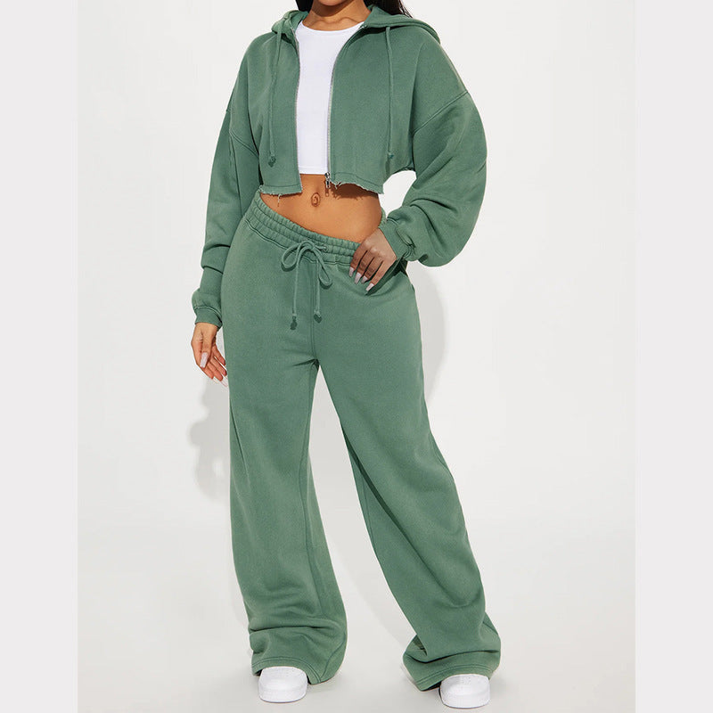Damen Cropped Fleece-Hoodie und weite Hose Set Drune