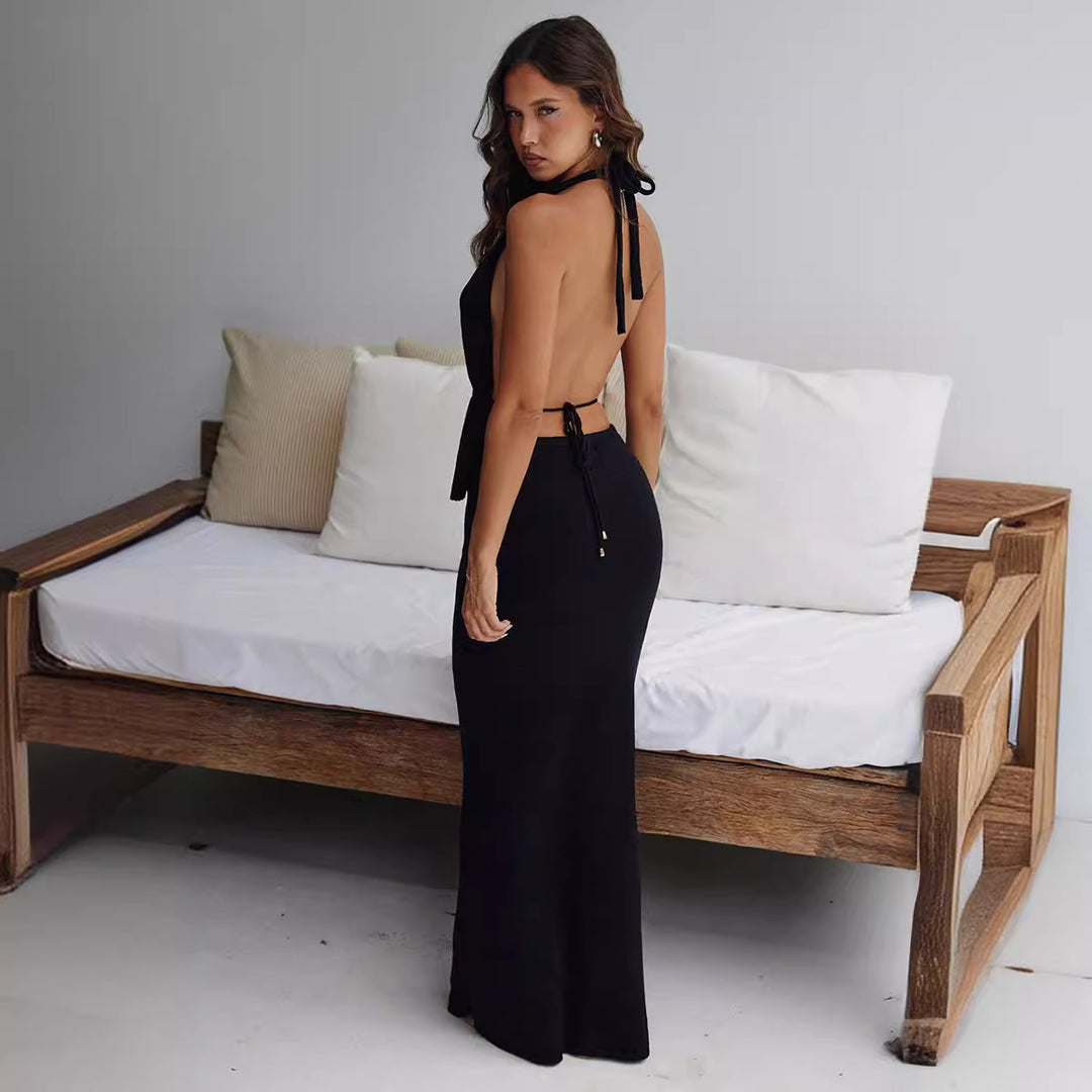 Damen elegantes Wickel-Top mit asymmetrischem Design und passendem Maxirock Drune