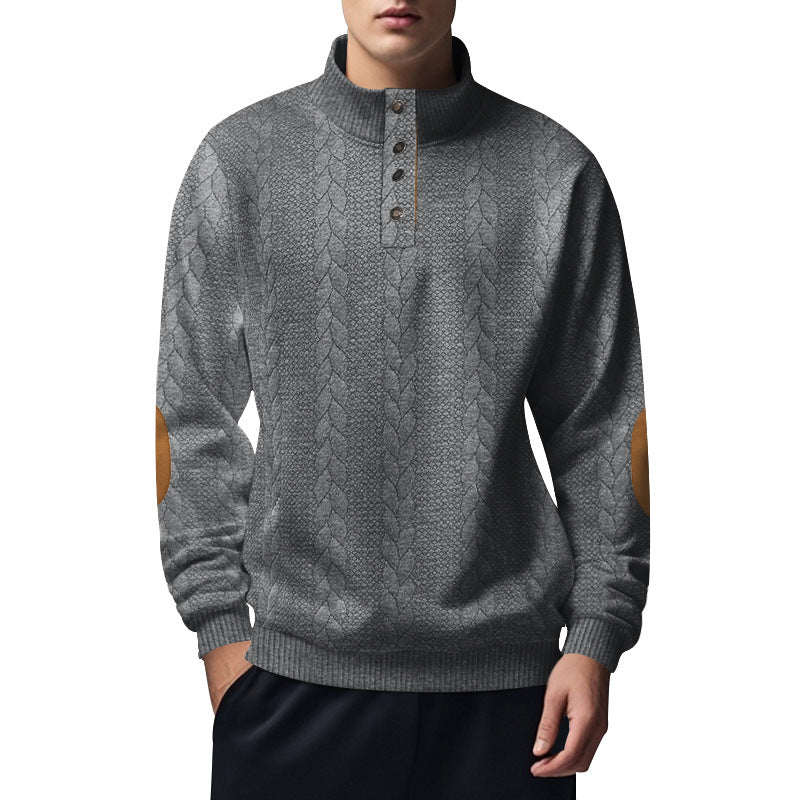 Herren nan strukturiertes Kabelstrick-Henley-Pullover mit Stehkragen und Ellbogenpatches Drune