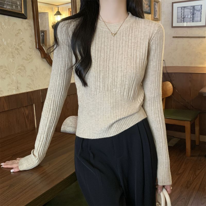 Damen feiner Rippstrickpullover mit verlängerten Ärmeln Drune