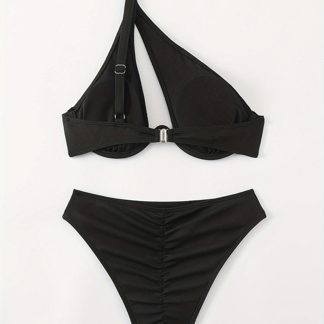 Damen Bikini-Set mit asymmetrischem Trägerdesign und unterstützendem Push-Up-Oberteil Drune