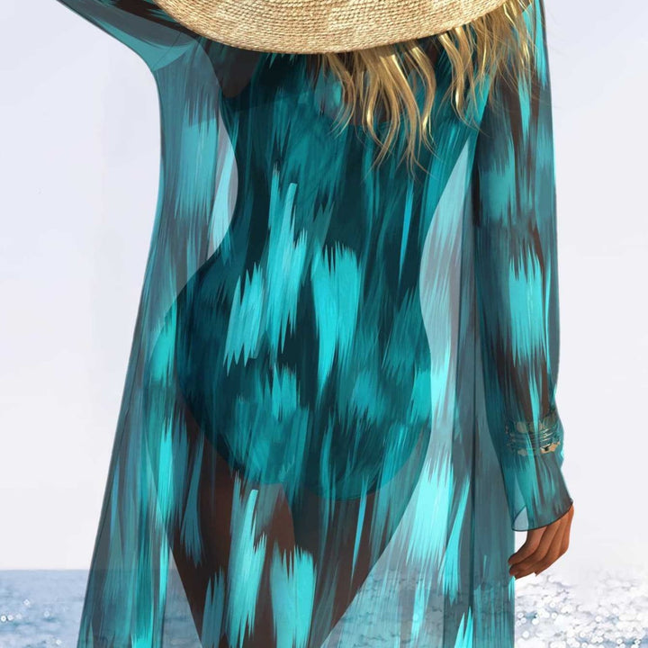 Damen Einteiliger Schwimmanzug mit transparentem Überwurf und modernem Wellenmuster Drune