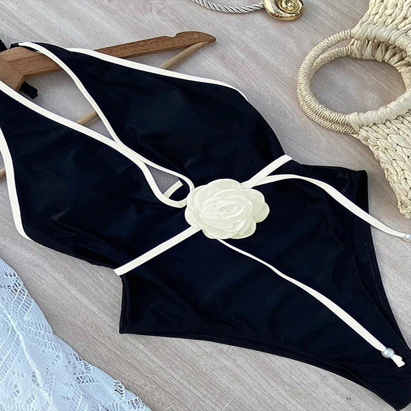 Damen Einteiliger Badeanzug mit elegantem Blumen-Riemen Drune