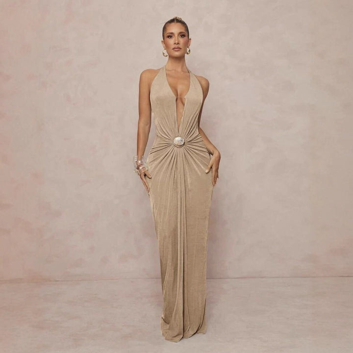 Damen Glamouröses Abendkleid mit tiefem V-Ausschnitt und eleganter Drapierung Drune