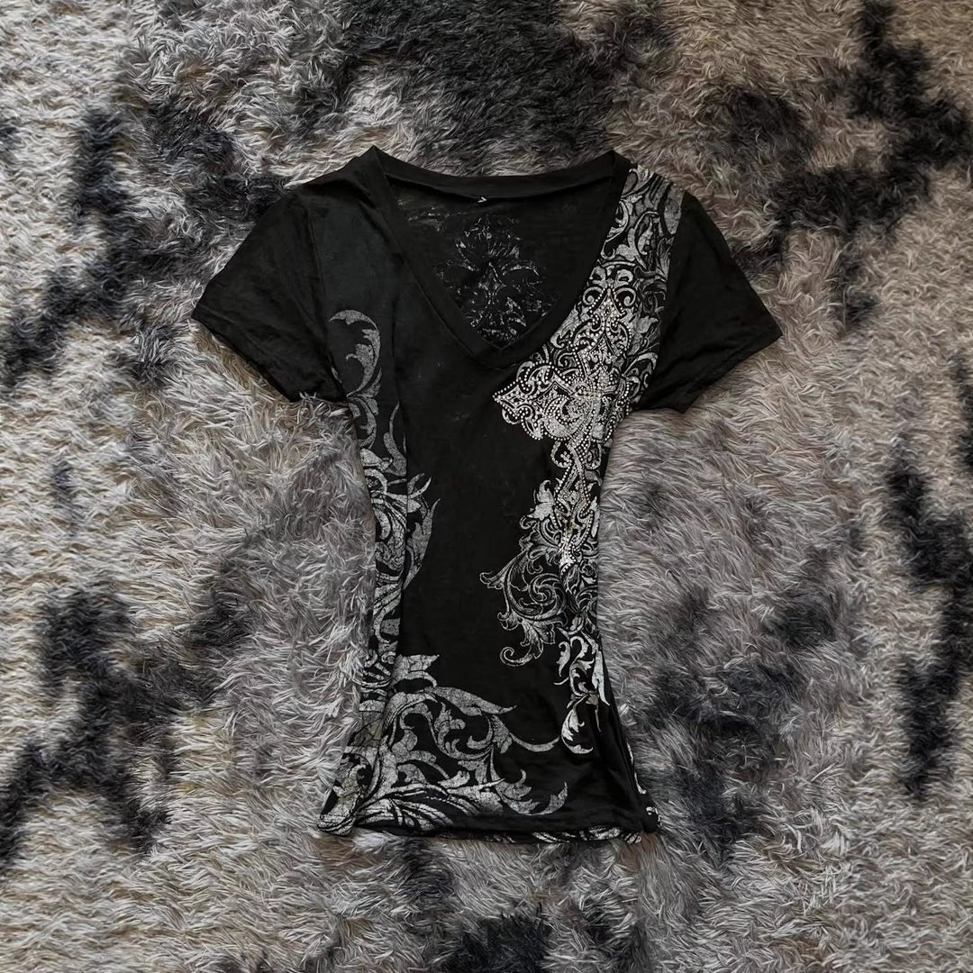 Damen Elegantes V-Ausschnitt T-Shirt mit kunstvollem Design Drune