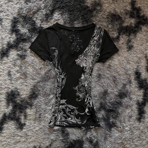 Damen Elegantes V-Ausschnitt T-Shirt mit kunstvollem Design Drune