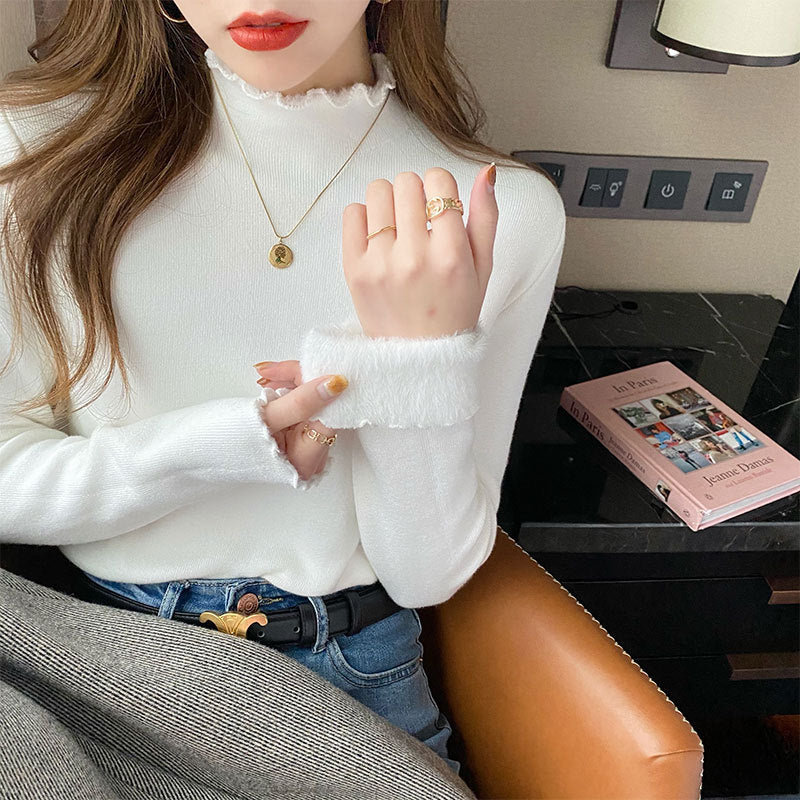 Damen cropped Pullover mit hohem Kragen und Rüschendetails Drune