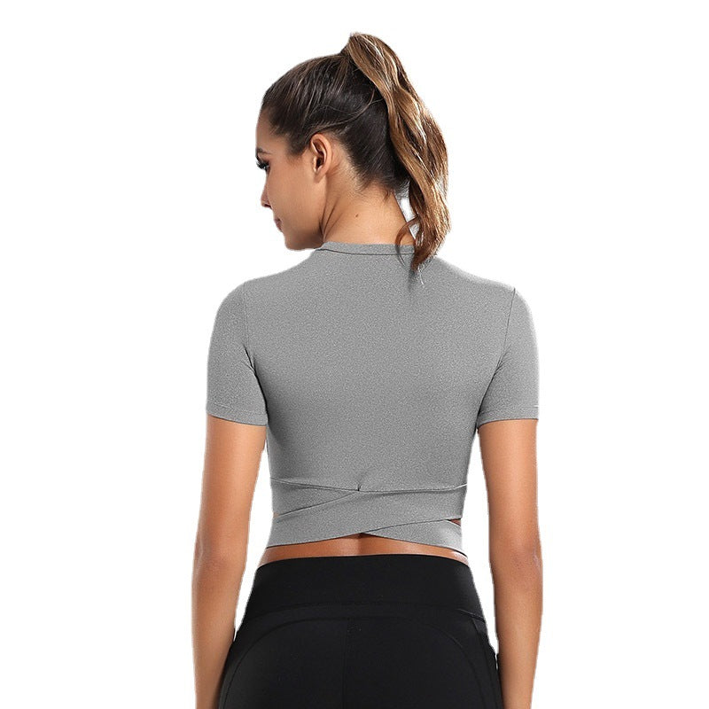 Damen kurzärmliges Trainings-Crop-Top mit innovativer Wickeloptik Drune