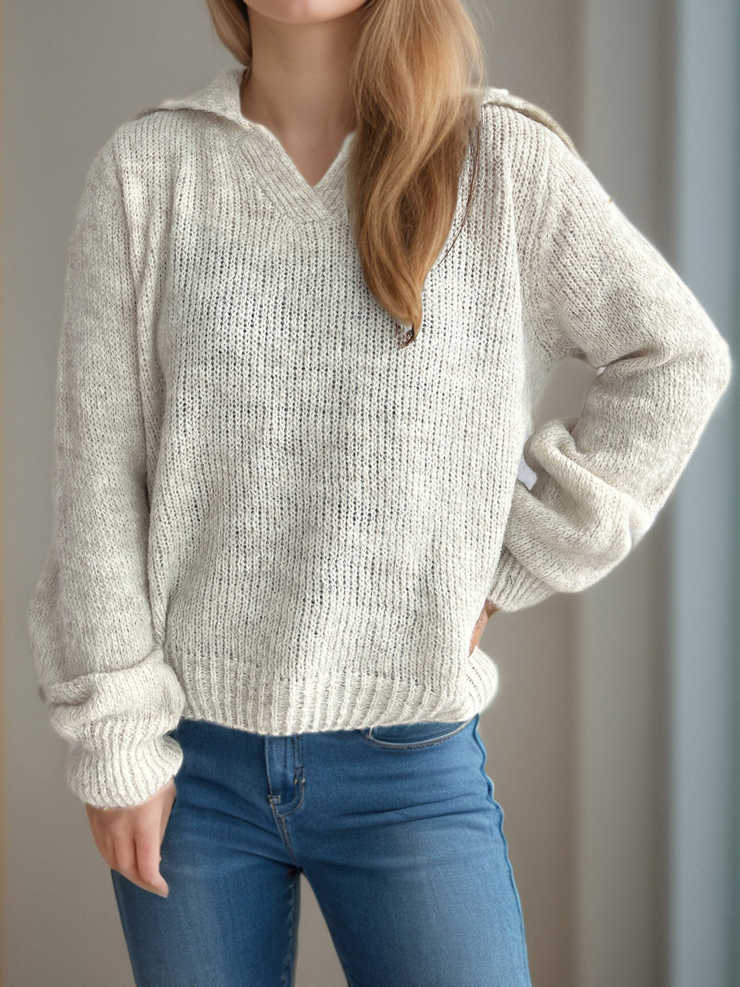 Damen lässiger Strickpullover mit V-Ausschnitt und voluminösen Ärmeln Drune