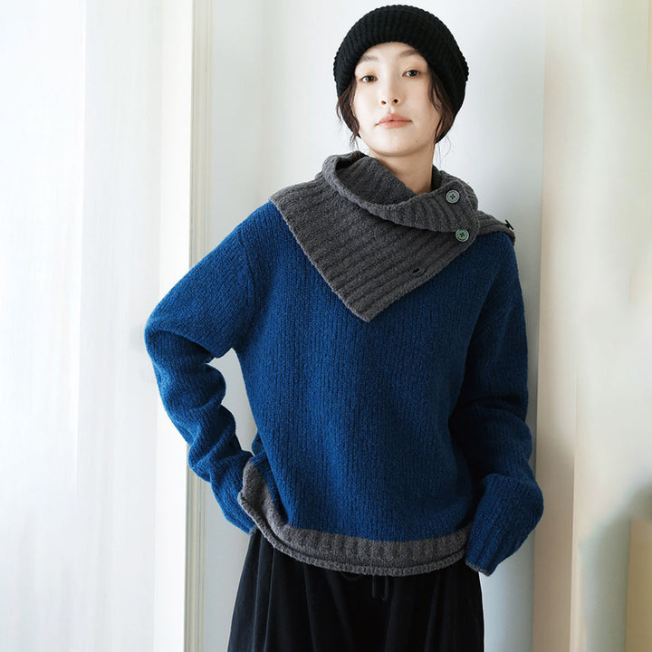 Damen grob gestrickter Pullover mit asymmetrischem Kragen und innovativer Knopfdetail Drune