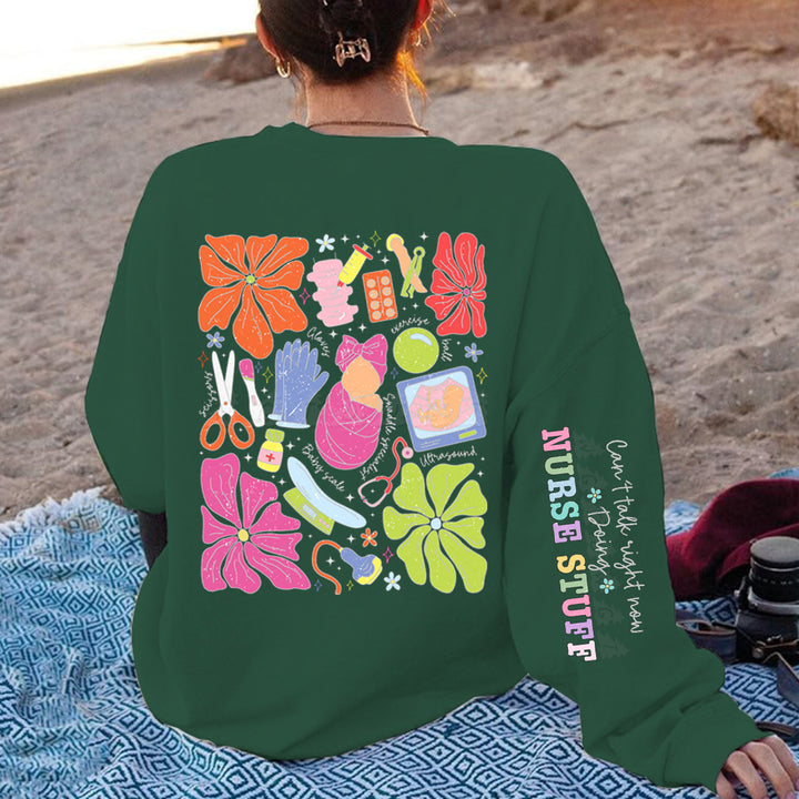Damen Sweatshirt mit buntem Grafikdesign und originellem Pflege-Motiv Drune