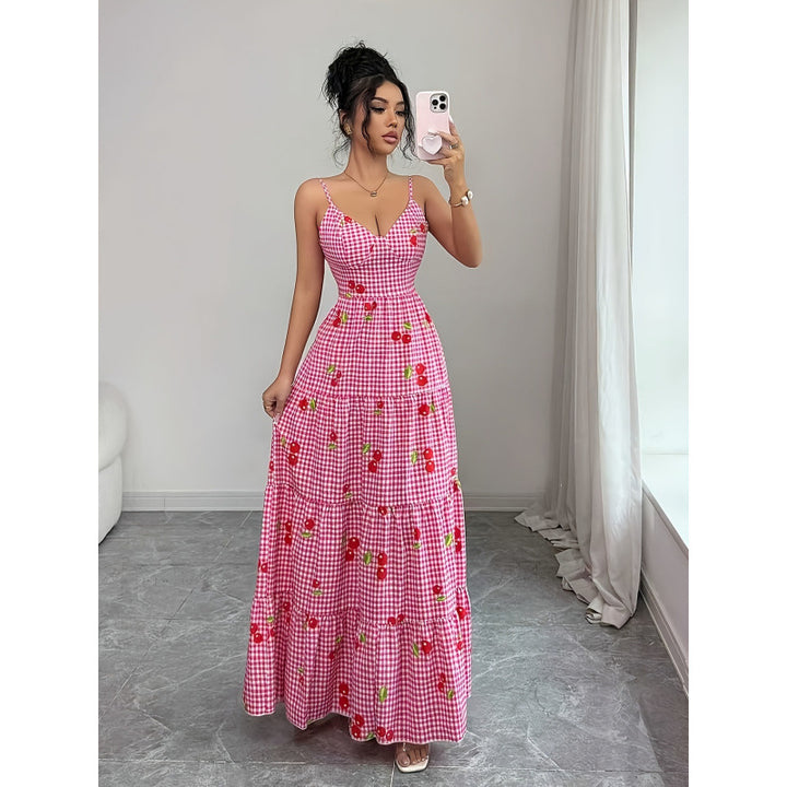 Damen Maxikleid mit floralem Karomuster und Schleifen-Trägern Drune