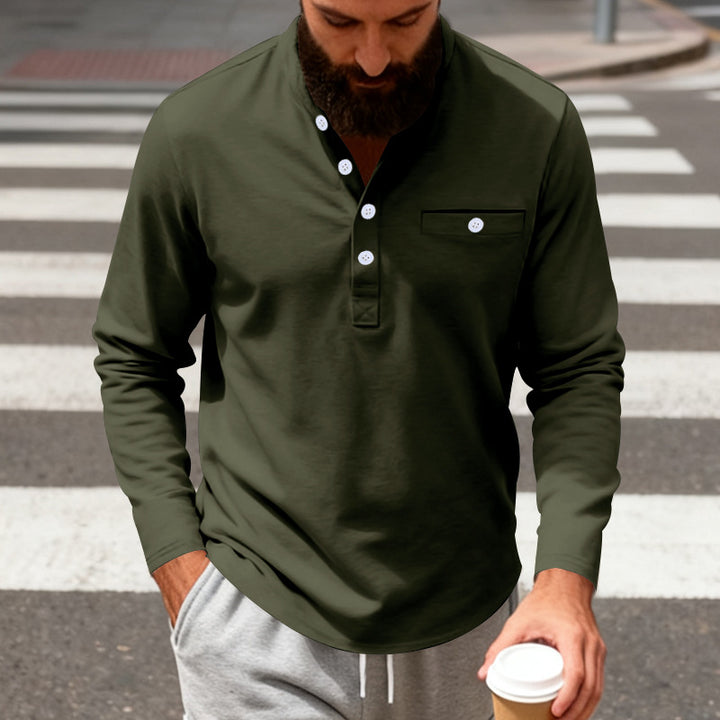 Herren nan langärmeliges Henley-Shirt mit Stehkragen, Brusttasche und dekorativer Knopfleiste Drune