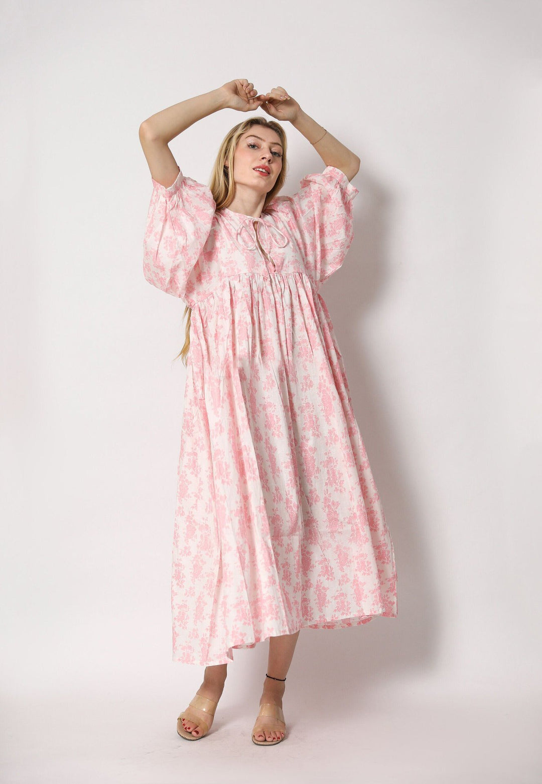 Damen Maxi-Kleid mit voluminösen Ärmeln und raffiniertem Bindungsdetail Drune