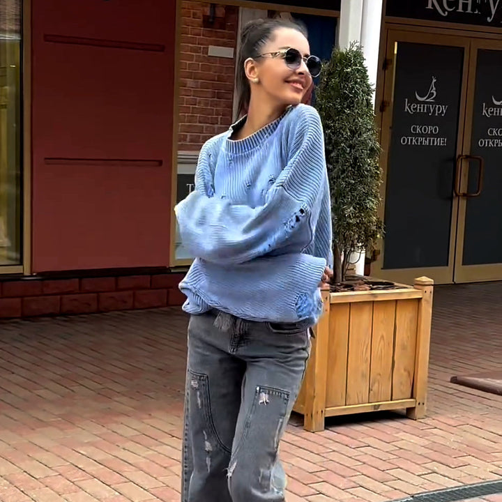 Damen lässiger Pullover mit modischem Rissdesign und voluminösen Ärmeln Drune