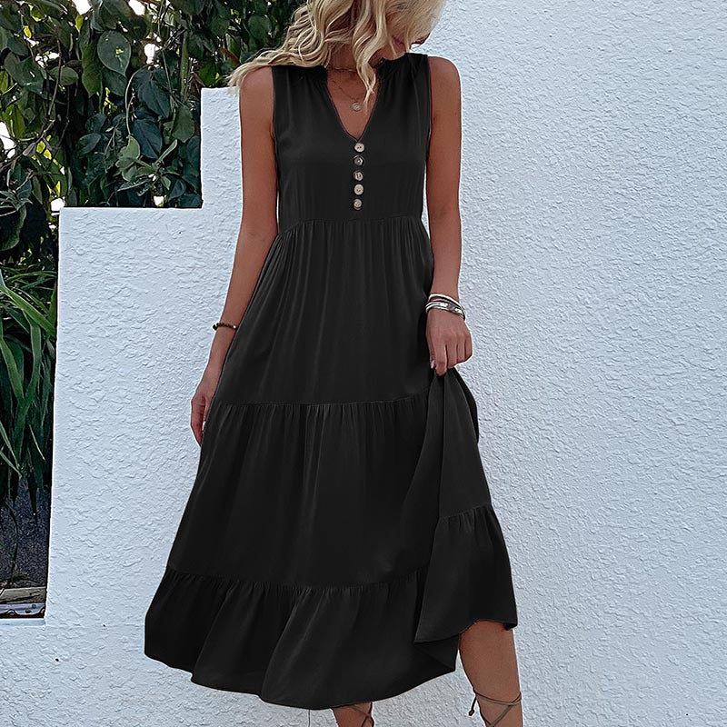 Damen luftiges Maxikleid mit Knopfdetails und Rüschensaum Drune