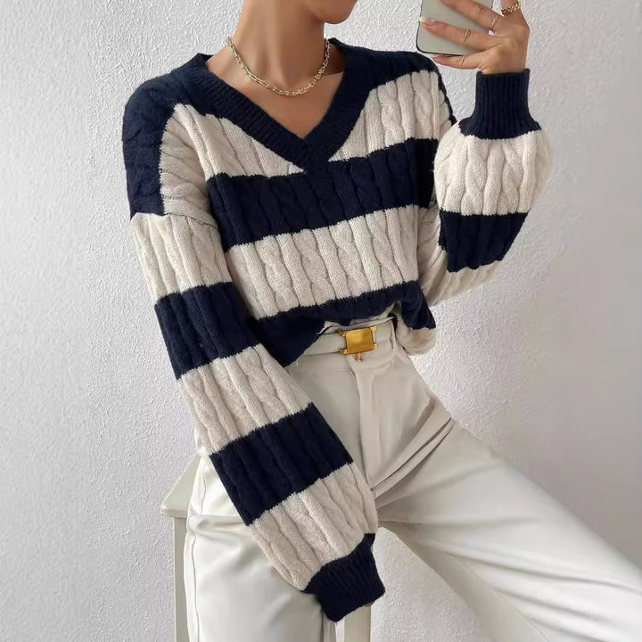 Damen nan gestreifter Grobstrick-Pullover mit Zopfmuster, tiefem V-Ausschnitt und oversized Passform Drune