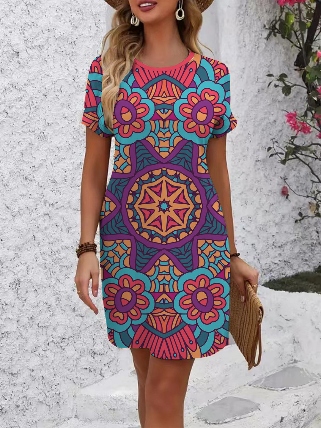 Damen farbenfrohes Mandala Kleid im lässigen Schnitt Drune