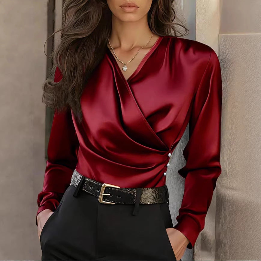 Damen Elegante Wickelbluse aus hochwertigem Satin mit Knopfdetails Drune