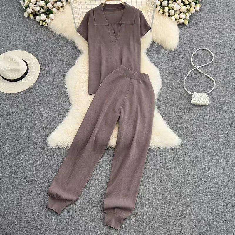 Damen elegantes Lounge-Set mit kurzärmligem Polo und weiten Hosen Drune