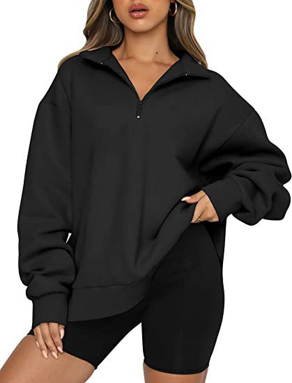 Damen modischer Oversized Pullover mit kurzem Reißverschluss und lässigen Ärmeln Drune
