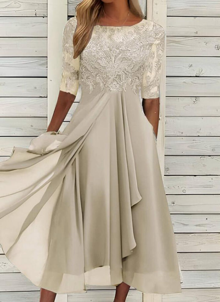 Damen elegantes Cocktailkleid mit floralem Spitzenoberteil und fließendem Rock Drune