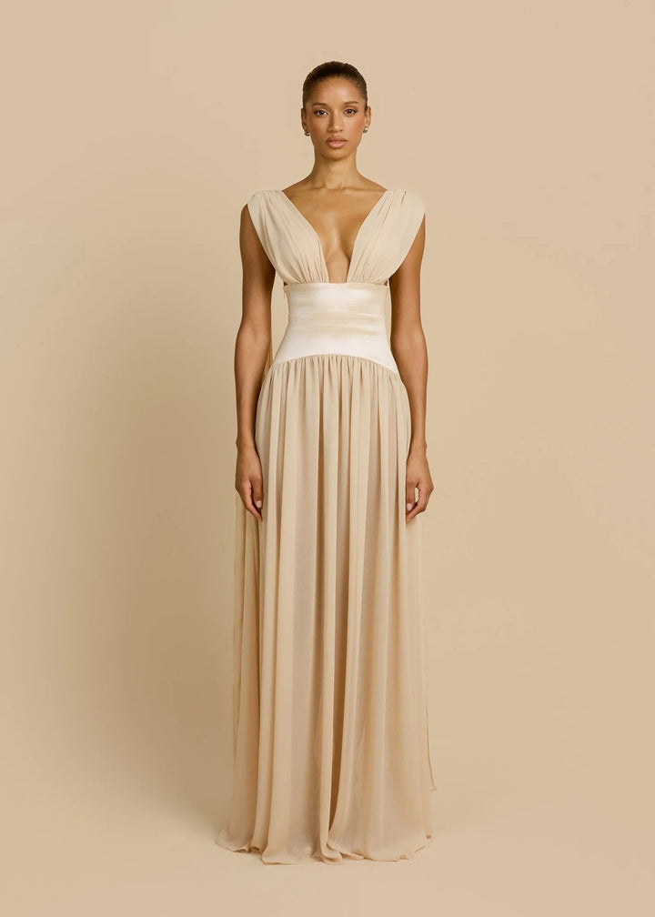 Damen Elegantes Langarm-Maxikleid mit tiefem V-Ausschnitt Drune