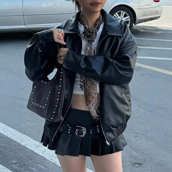 Damen Modische Lederjacke im trendigen Oversized-Stil Drune