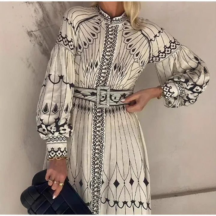 Damen Elegantes Hemdkleid mit grafischem Muster und schwingenden Ärmeln Drune