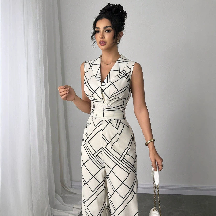 Damen Eleganter Jumpsuit mit geometrischem Muster und taillierter Passform Drune
