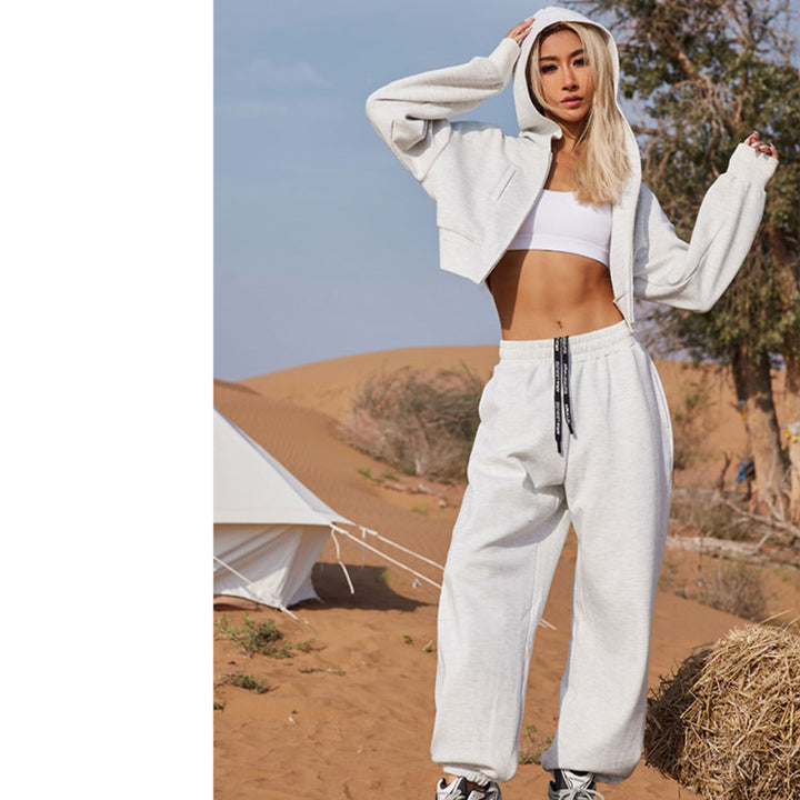 Damen Sportliches Cropped Freizeit-Set mit praktischer Kapuze und bequemen Jogginghosen Drune