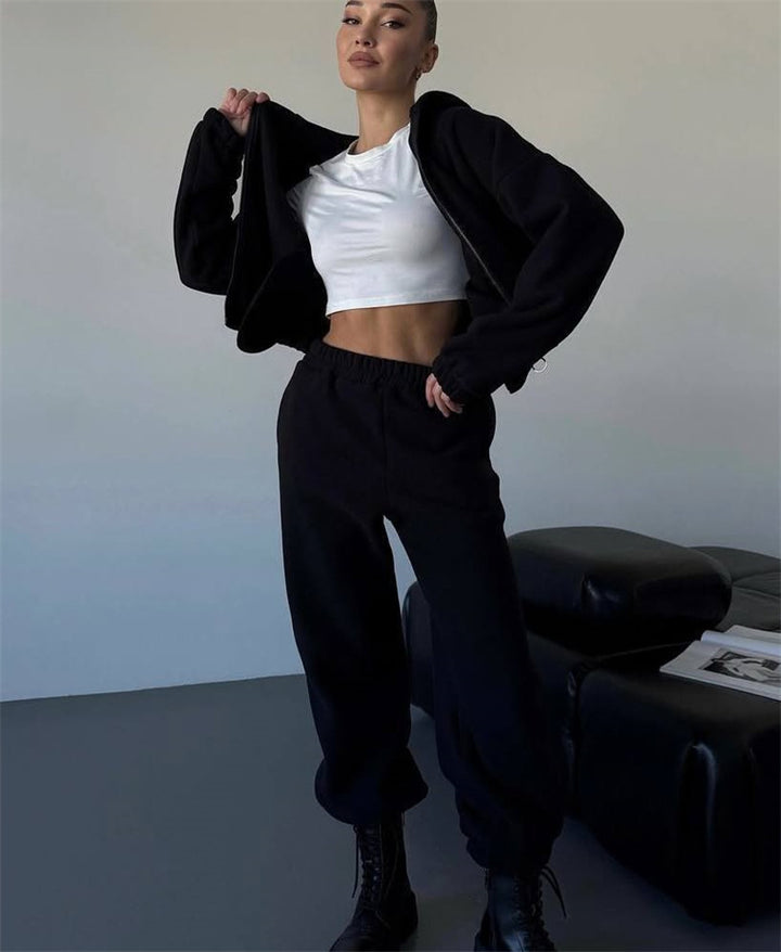 Damen stylisches Fleece-Loungewear-Set mit cropped Jacke und bequemen Jogginghosen Drune