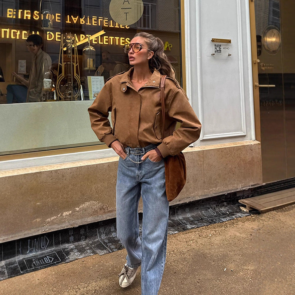 Damen lässige Kurzjacke mit voluminösen Ärmeln und Reißverschluss Drune