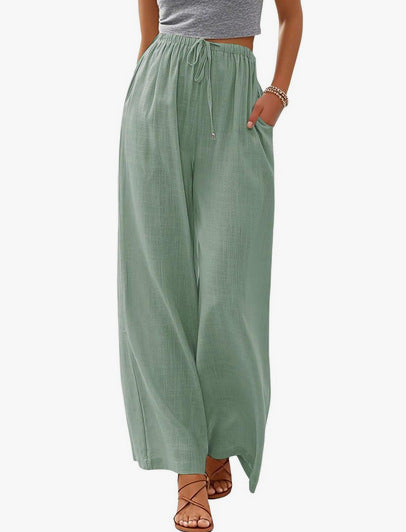 Damen nan weite Leinenhose mit elastischem Bund Kordel und Seitentaschen Drune