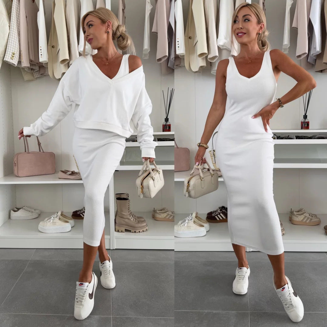 Damen nan zweiteiliges Midirock-Set mit off-shoulder Oversize-Sweatshirt und figurbetontem Bleistiftrock Drune